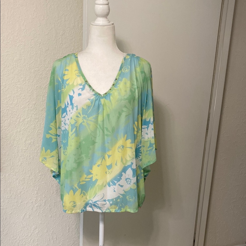 Hearts of Palm Green and Blue Dolman Sleeve Blouse Relaxed Fit
